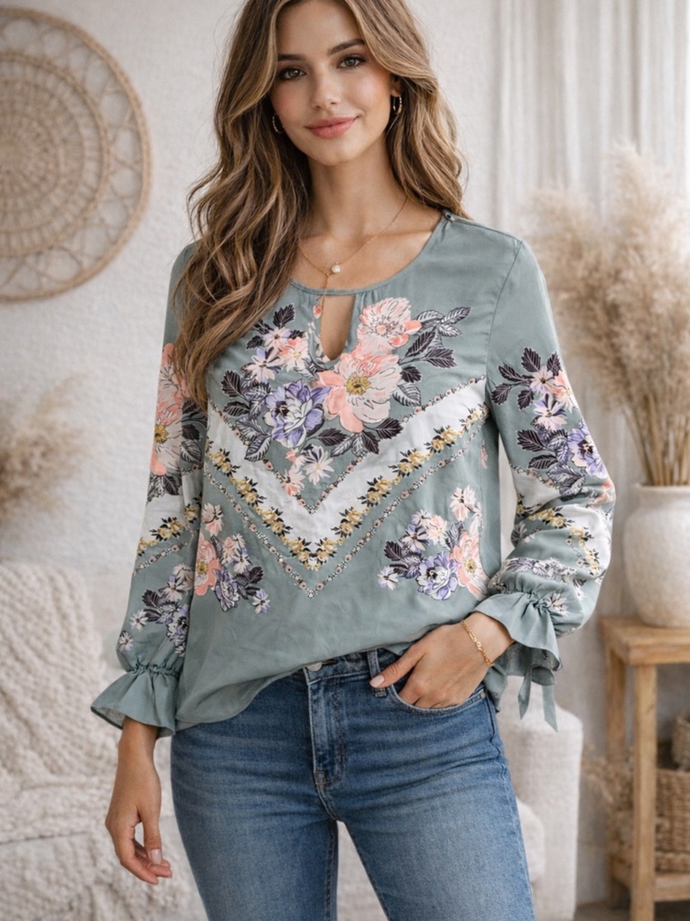 Cute Long Sleeve Blouse XL Flowy Floral Top Dressy Casual Outfit Sage Green